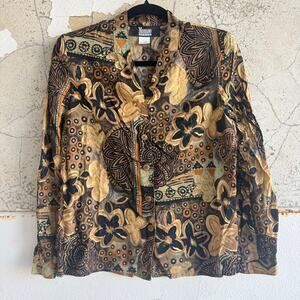 Vtg Blouse 90s Rayon Artwear Tribal Print Top Made in USA Womens M Batik Jacket